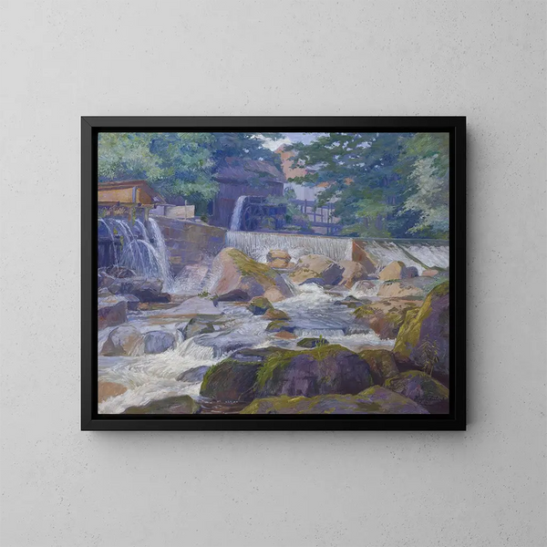 Flussstau mit Mühle Klam bei Grein - Hugo Schubert — gerahmtes Bild an der Wand