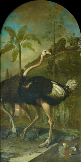 Ignaz Heinitz von Heinzenthal - Ein Strauenpaar im Hintergrund ein Sarkophag.webp