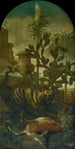 Hyène, antilope e casuario in un paesaggio di cactus - Ignaz Heinitz von Heinzenthal — vista dell’opera