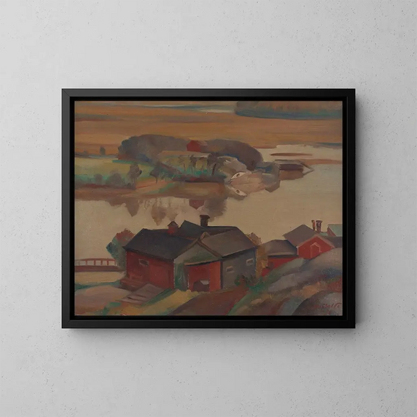 Flusslandschaft mit Gebäuden - Ilmari Aalto — gerahmtes Bild an der Wand