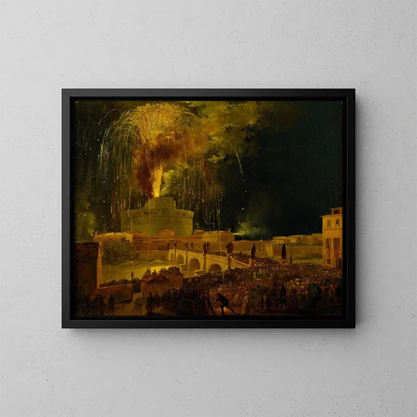I fuochi d'artificio della Girandola dal Castel Sant'Angelo a Roma - Ippolito Caffi — quadro incorniciato alla parete