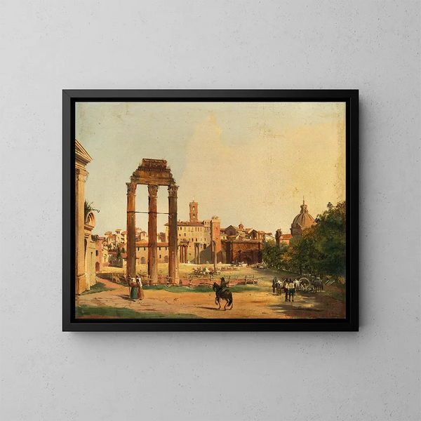 Vista del Foro Romano con il tempio di Castore e Polluce - Ippolito Caffi — quadro incorniciato alla parete