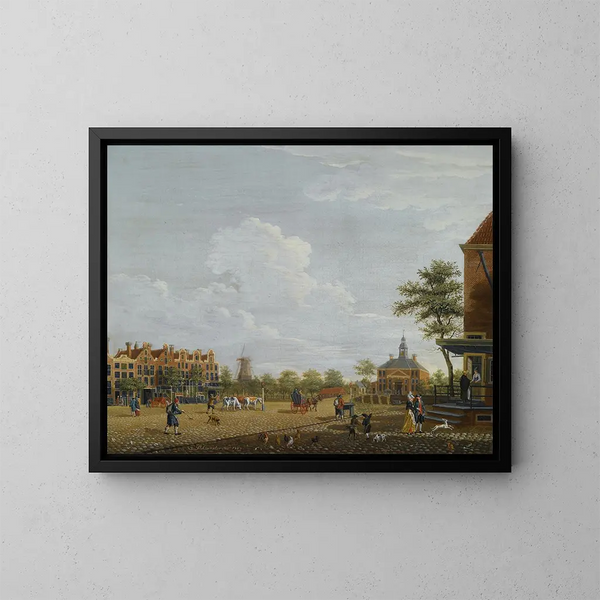 Amsterdam-Gemälde, Blick auf den Weesperplein mit dem Weesperpoort und dem Maismühle Het Fortuyn auf der Weesp-Festung im Hintergrund - Isaac Ouwater — gerahmtes Bild an der Wand