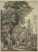 Antikes Portal-Gemälde auf der linken Seite mit einer Statue des Pan und einem Altar, Vorbereitungen für das Opfer - Isaac de Moucheron — Ansicht des Kunstwerks