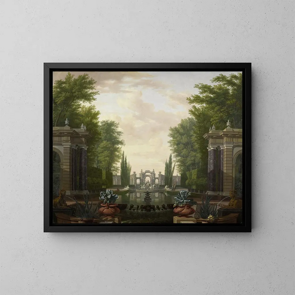 Terrasse d'eau avec statues et fontaines dans un parc - Isaac de Moucheron — gerahmtes Bild an der Wand