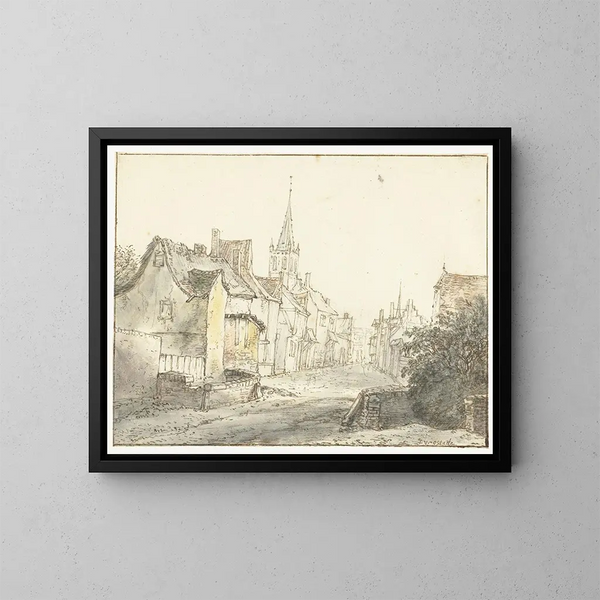 Eine Straße in einem Dorf oder einer Stadt - Isaac van Ostade — gerahmtes Bild an der Wand
