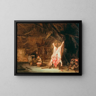 Isaac van Ostade - A barn interior with a slaughtered pig a woman preparing meat and two children beyond.webp