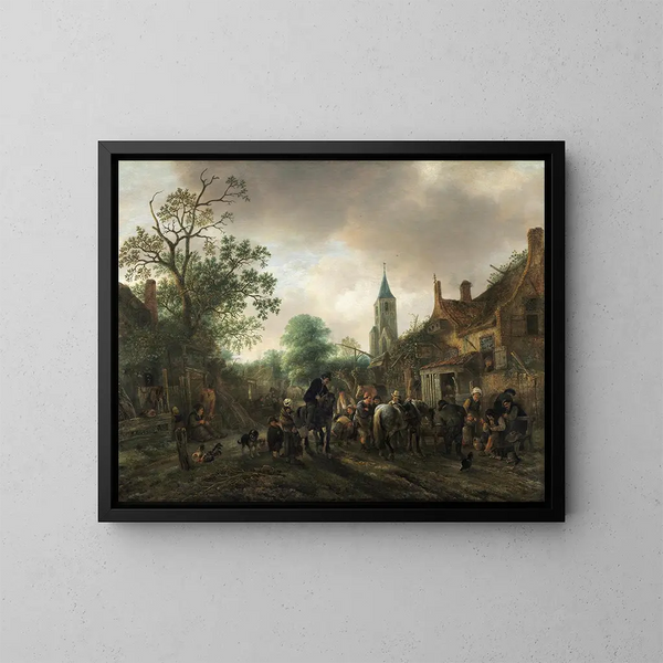 L'Arrêt à l'auberge - Isaac van Ostade — gerahmtes Bild an der Wand