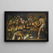 Ein Interieur mit Früchten, Gemüse und Blumen, die auf einem Tisch und dem Boden angeordnet sind, mit einer Frau und zwei Männern - Italienisch-flämische Schule — gerahmtes Bild an der Wand