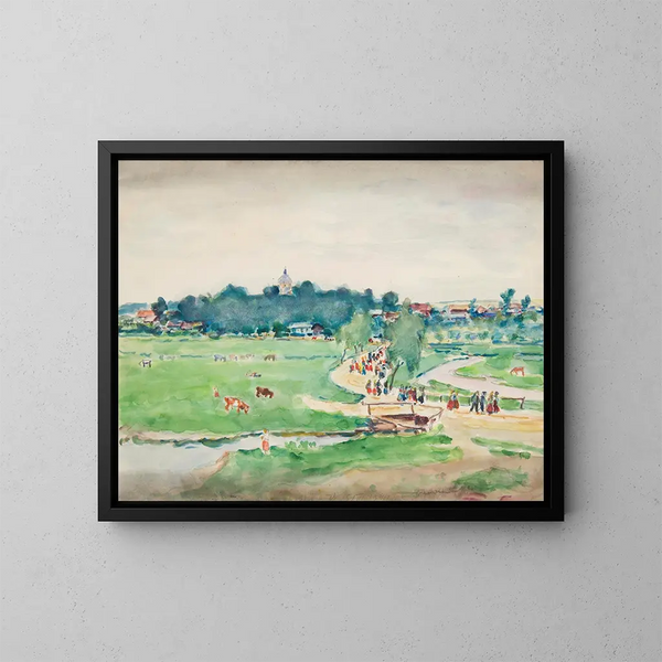 Ländliche Landschaft mit einer Figur - Ivan Ivanec — gerahmtes Bild an der Wand