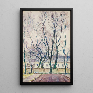 Ivan Ivanec - Pejza z drzewami i zespoem architektonicznym za murem.webp