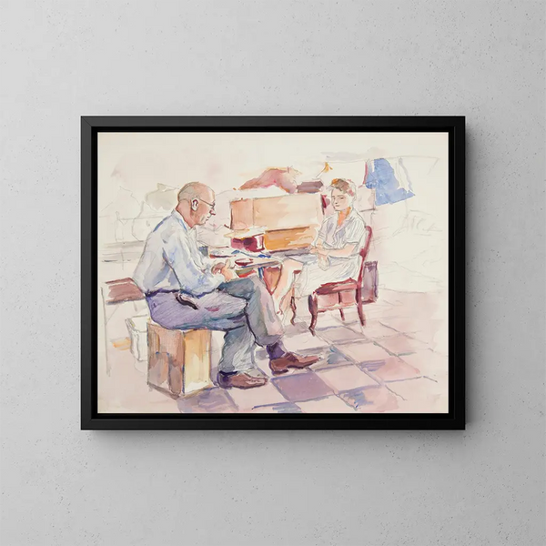 Innenszene mit einem Mann, der an einem Tisch sitzt, und einer Frau, die auf einem Stuhl sitzt - Ivan Ivanec — gerahmtes Bild an der Wand
