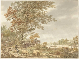 Jacob Cats - Heuvellandschap met varkenshoeder en andere stoffage een rivier in de verte.webp