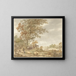 Jacob Cats - Heuvellandschap met varkenshoeder en andere stoffage een rivier in de verte.webp