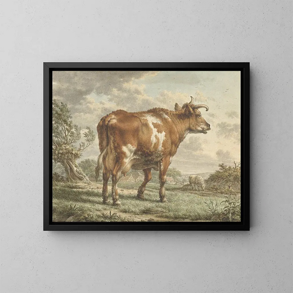 Rotes und weißes Rind in einer Landschaft - Jacob Cats — gerahmtes Bild an der Wand