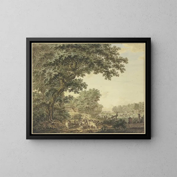 Prairie entre la forêt avec de nombreux animaux, un berger avec son troupeau au premier plan, un pêcheur à droite sur un pont - Jacob Cats — gerahmtes Bild an der Wand