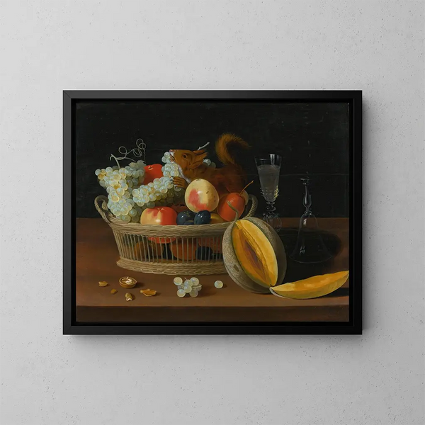 Naturstillleben mit einem Obstkorb, einer Brille und einer halbierten Melone auf einem Tisch - Jacob Foppens van Es — gerahmtes Bild an der Wand