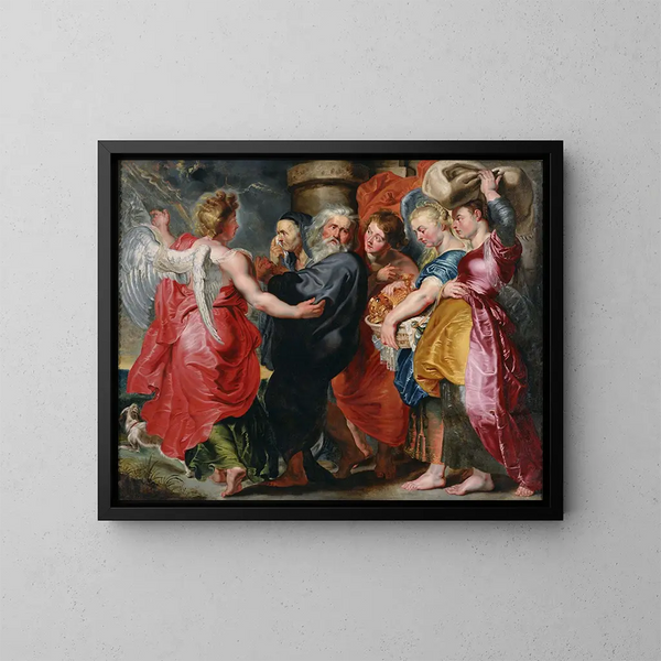 Die Flucht Lots und seiner Familie aus Sodom - Jacob Jordaens — gerahmtes Bild an der Wand