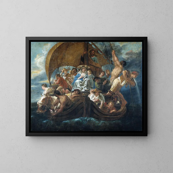 Die Heilige Familie mit verschiedenen Figuren und Tieren in einem Boot - Jacob Jordaens — gerahmtes Bild an der Wand