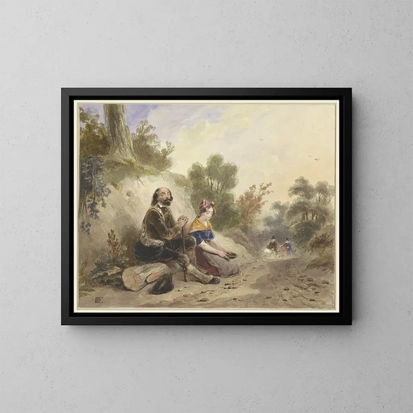 Ein Blinder mit einem Mädchen, das am Rande eines Landstraßenwegs bettelt - Jacob Joseph Eeckhout — gerahmtes Bild an der Wand
