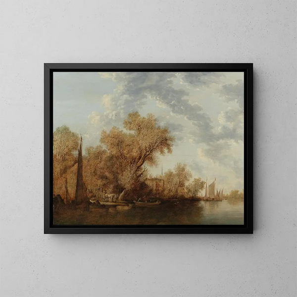 Ein Flusslandschaft mit Kähnen - Jacob Salomonsz van Ruysdael — gerahmtes Bild an der Wand
