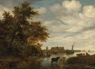 Jacob Salomonsz van Ruysdael - River Landscape With Fishermen And Cattle The Grote Kerk Of Alkmaar Beyond.webp