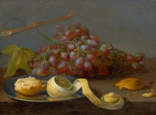 Jacob Van Es - Still life with grapes a lemon and bread on a table.webp