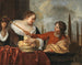 Una donna con un pappagallo che tiene un cesto di frutta e un giovane con un flauto - Jacob van Loo — vista dell’opera