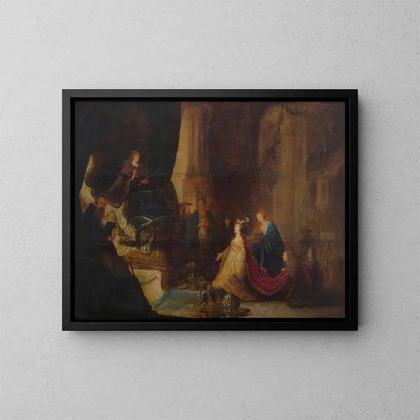 Die Königin von Saba vor König Salomo - Jacob Willemsz de Wet — gerahmtes Bild an der Wand