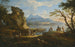 Szene am Hafen mit Fischern, die an Land zurückkehren, Reisende, die ein Lager aufschlagen, und zwei Reiter auf einem Pass, Berge im Hintergrund - Jacob de Heusch — Ansicht des Kunstwerks