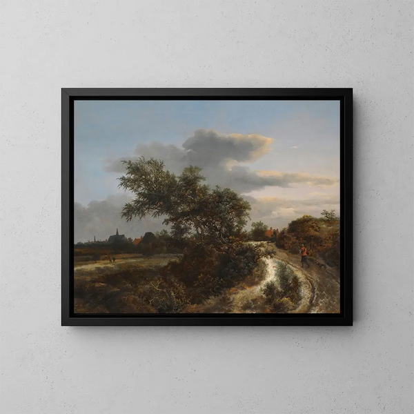 Ein Dünenlandschaft mit einem Bauern auf einem sandigen Weg und weitem Blick auf Haarlem - Jacob van Ruisdael — gerahmtes Bild an der Wand