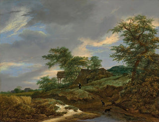 Jacob van Ruisdael - A wooded landscape with a man and two dogs on a path a cottage beyond.webp