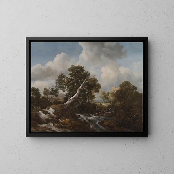 Kaskade im unteren Bereich in einer bewaldeten Landschaft mit einer toten Buche - Jacob van Ruisdael — gerahmtes Bild an der Wand