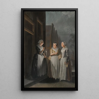 Jacobus Buys - Three women talking at night in a Dutch city one holding a candle.webp