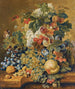a still life with a basket of fruits, nuts, and flowers on a stone ledge - Jacobus Linthorst — artwork view