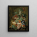 Raisins, peaches, sweet corn, pineapple, poppies and other fruits and flowers in a wicker basket on a ledge - Jacobus Linthorst — framed artwork on a wall