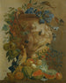 Naturstillleben mit Melonen, Trauben, Pfirsichen und anderen Früchten in einer Steingefäß mit Vögeln - Jacobus Vonck — Ansicht des Kunstwerks