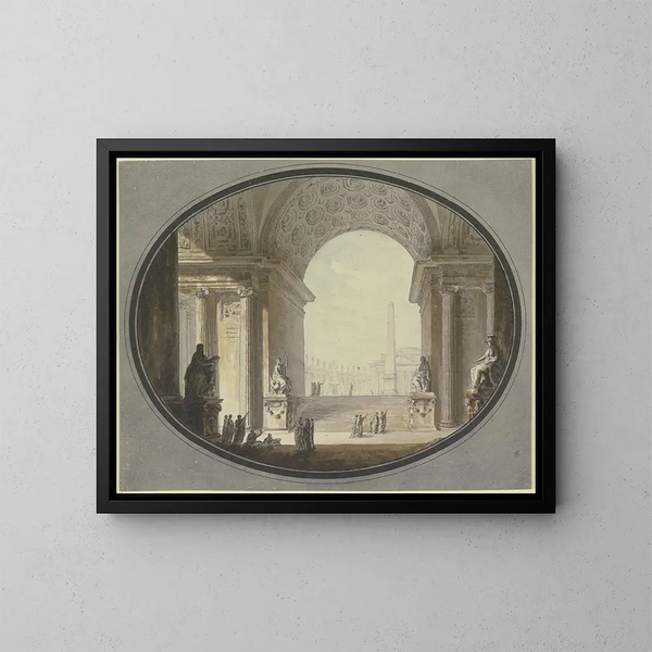 Vista attraverso un arco a botte con casse su una piazza ispirata a Piazza San Pietro a Roma, con in cima un edificio simile al Pantheon romano. - Jacques-François Blondel — quadro incorniciato alla parete