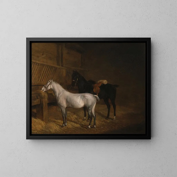 Ein graues Pony und ein schwarzes Pferd in einer Stallung - Jacques-Laurent Agasse — gerahmtes Bild an der Wand