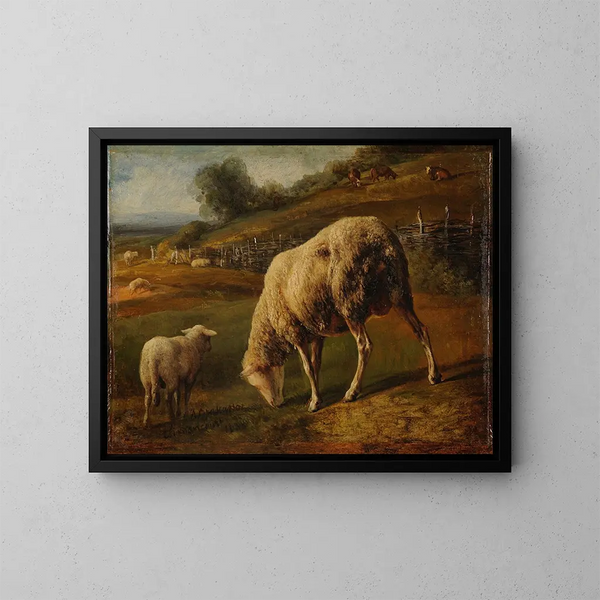 Pecore e pecore al pascolo - Jacques-Raymond Brascassat — quadro incorniciato alla parete