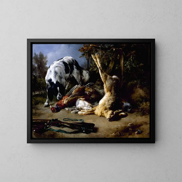 Spaniel con una natura morta di selvaggina morta - Jacques-Raymond Brascassat — quadro incorniciato alla parete
