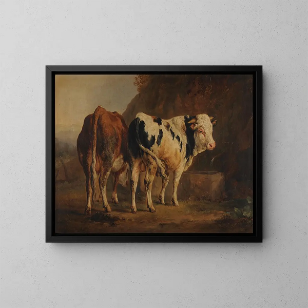 Toro con mantello bianco e nero e mucca con mantello marrone - Jacques-Raymond Brascassat — quadro incorniciato alla parete