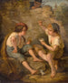Zwei Jungen beim Kartenspielen beobachtet von einem Lehrer hinter der Steinmauer - Jacques Alfred van Muyden — Ansicht des Kunstwerks