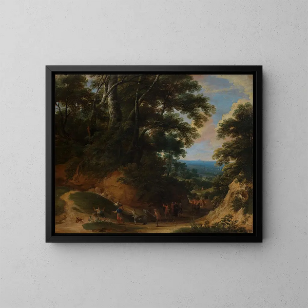 Weg im Hohlweg mit Soldaten, die Bauern angreifen - Jacques d'Arthois — gerahmtes Bild an der Wand