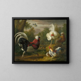 Il combattimento dei galli - Jakob Bogdani — quadro incorniciato alla parete