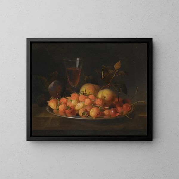 Stillleben mit Erdbeeren, Kirschen und Pfirsichen auf einem Silbertablett - Jakob Bogdány — gerahmtes Bild an der Wand