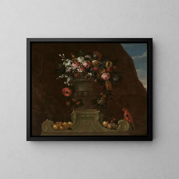 Naturmorte mit einem Papagei - Jakob Bogdány — gerahmtes Bild an der Wand