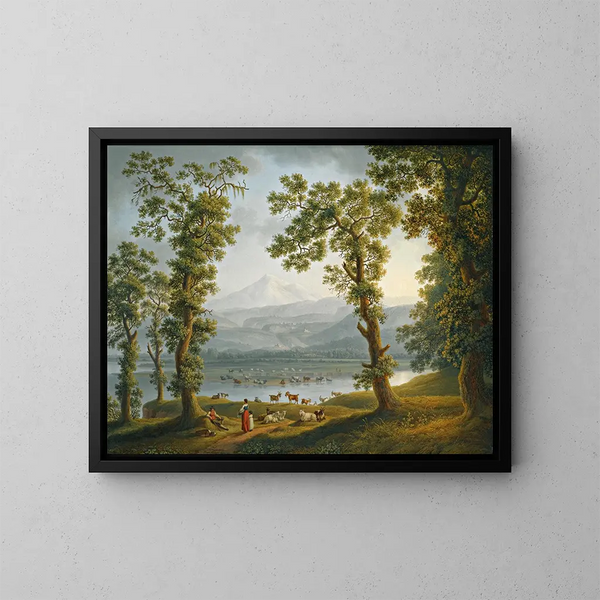 Vista attraverso il fiume Volturno verso Alife, Piedimonte Matese e le montagne del Matese che si elevano oltre - Jakob Philipp Hackert — quadro incorniciato alla parete