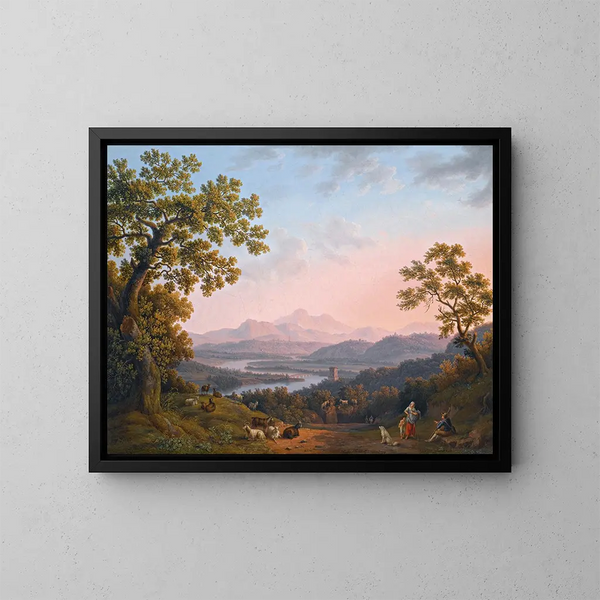 Una vista lungo la valle del fiume Tiber verso Poggio Mirteto e oltre le montagne dei Sabini illuminate dal sole del tramonto - Jakob Philipp Hackert — quadro incorniciato alla parete