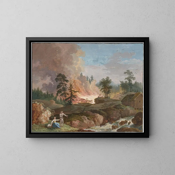 Un paesaggio in Svezia con contadini che bruciano legna e una coppia che si riposa vicino a un ruscello - Jakob Philipp Hackert — quadro incorniciato alla parete